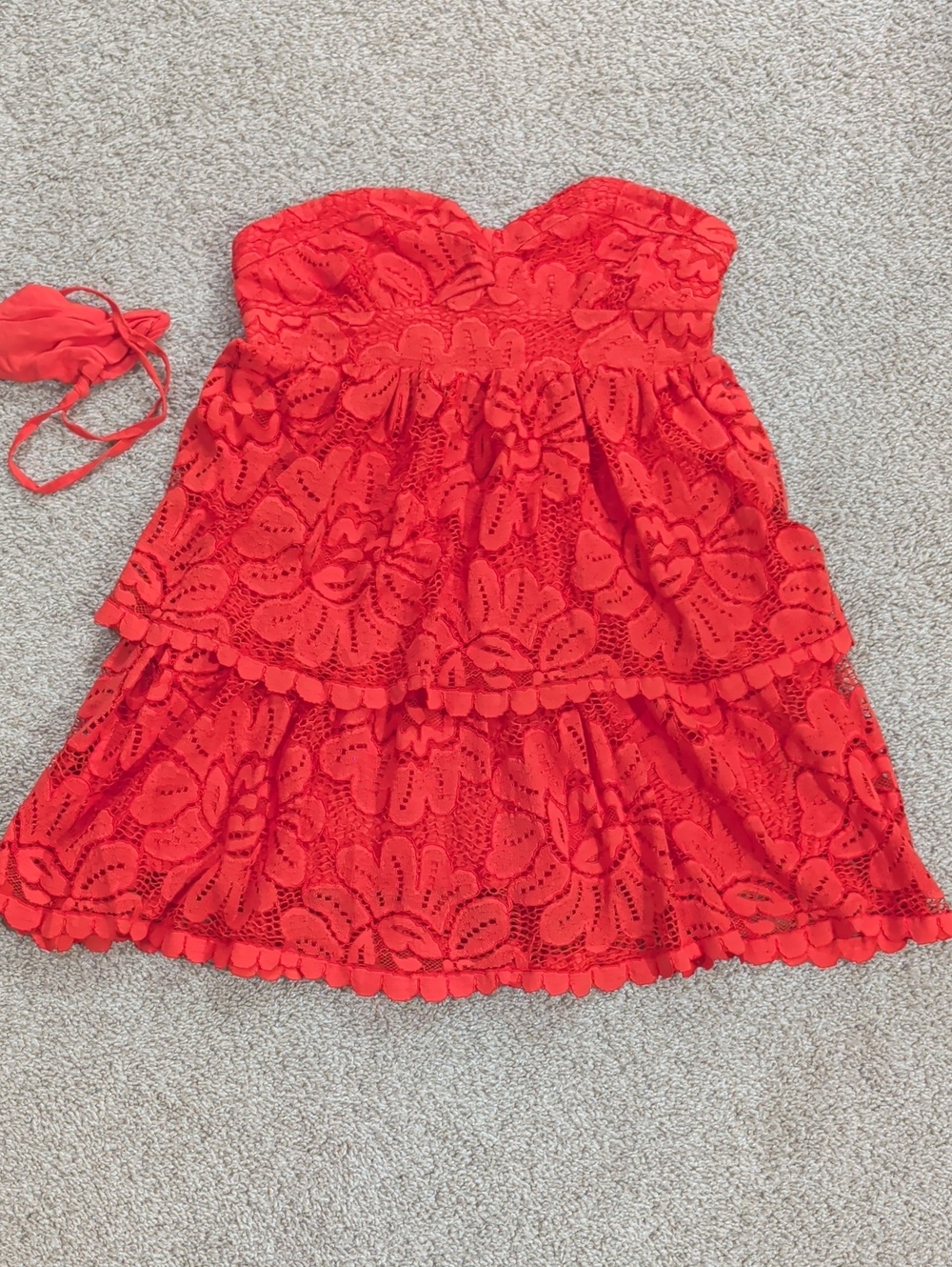Anthropologie Red Strapless Lace Tiered Sundress